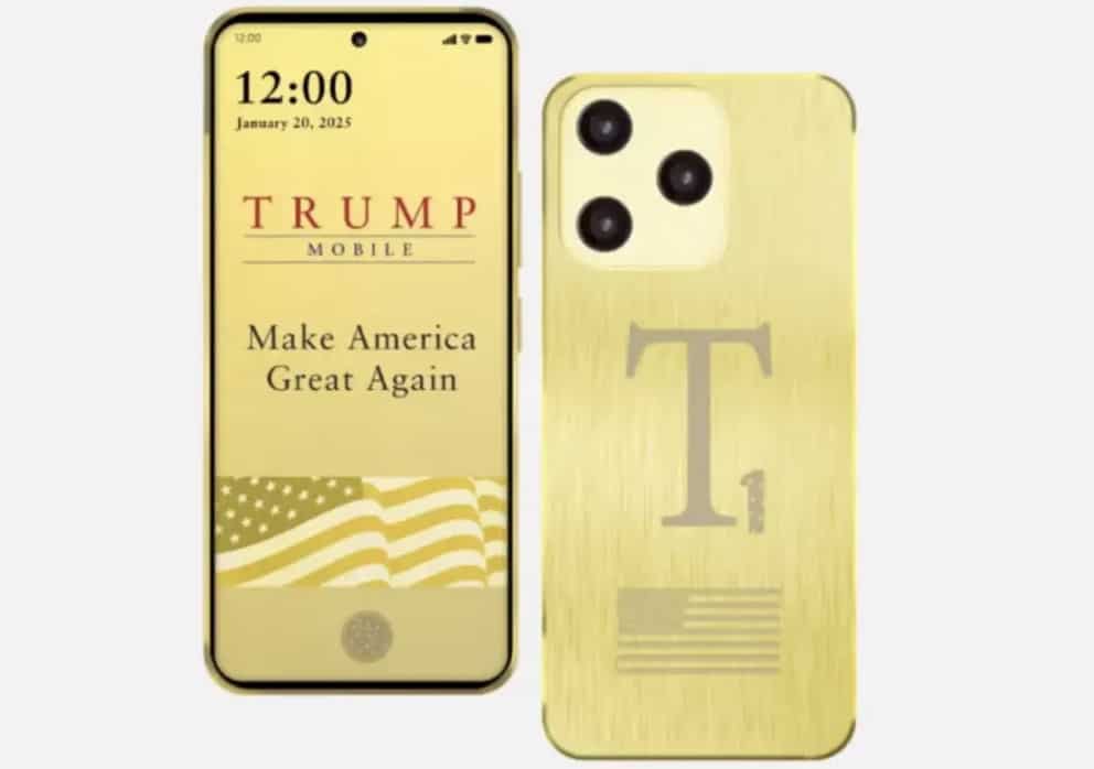 Pessoas ficaram em choque ao ver todos os detalhes do novo smartphone dourado de $499 do Trump Pense estar em um encontro e a outra pessoa tira isso do bolso (Trump Mobile)