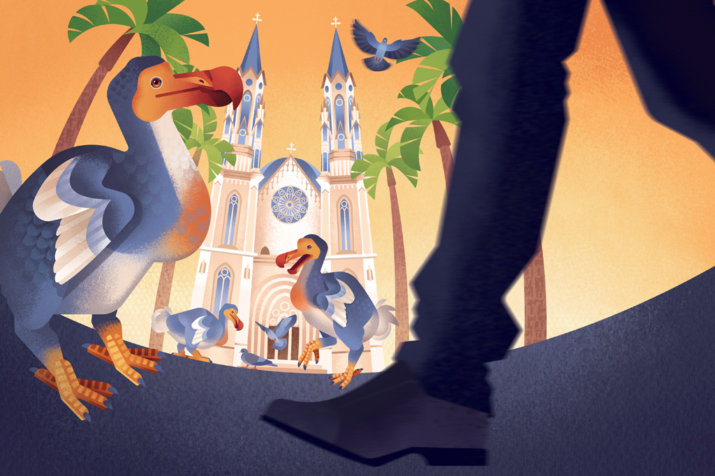 Ilustração, colorida, de pássaros dodô diante de uma catedral. Vê-se palmeiras, ao fundo, e uma pessoa caminhando, em primeiro plano.