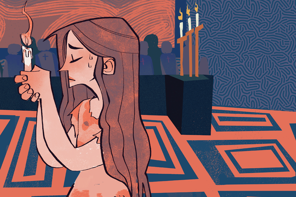 Ilustração, colorida, de uma mulher de cabelos compridos segurando uma vela, caminhando dentro de uma igreja.