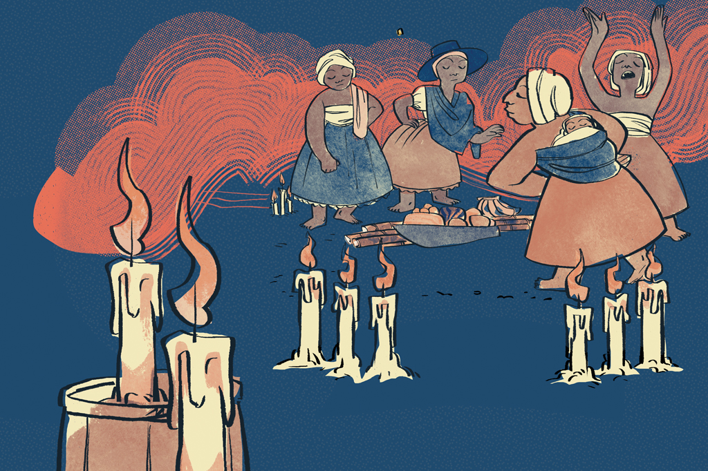 Ilustração, colorida, em fundo azul, de um ritual religioso de origem africana. Vê-se quatro mulheres reunidas diante de algumas oferendas e velas acesas no primeiro plano.