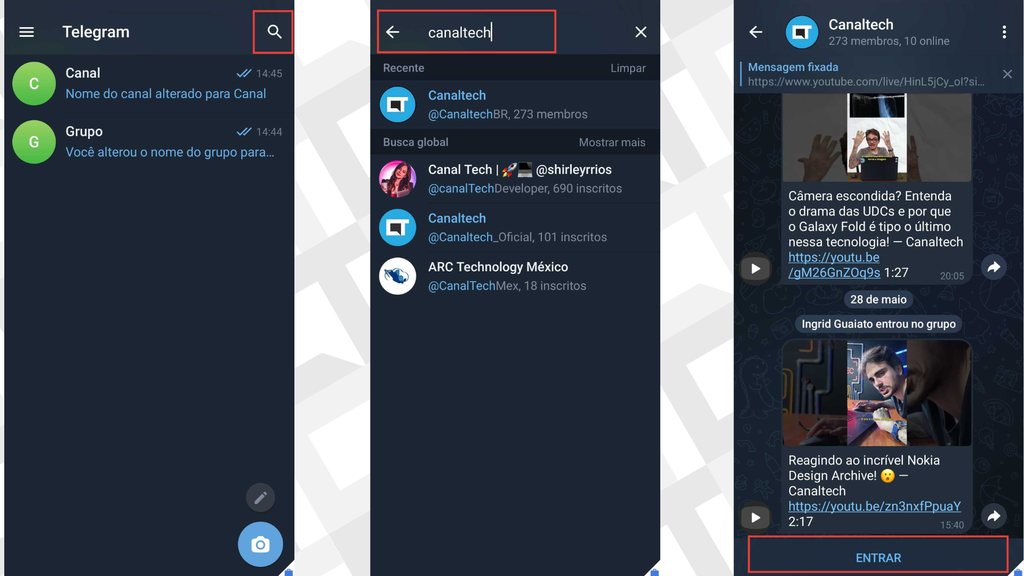 Captura de tela do passo a passo para encontrar grupos e canais no Telegram