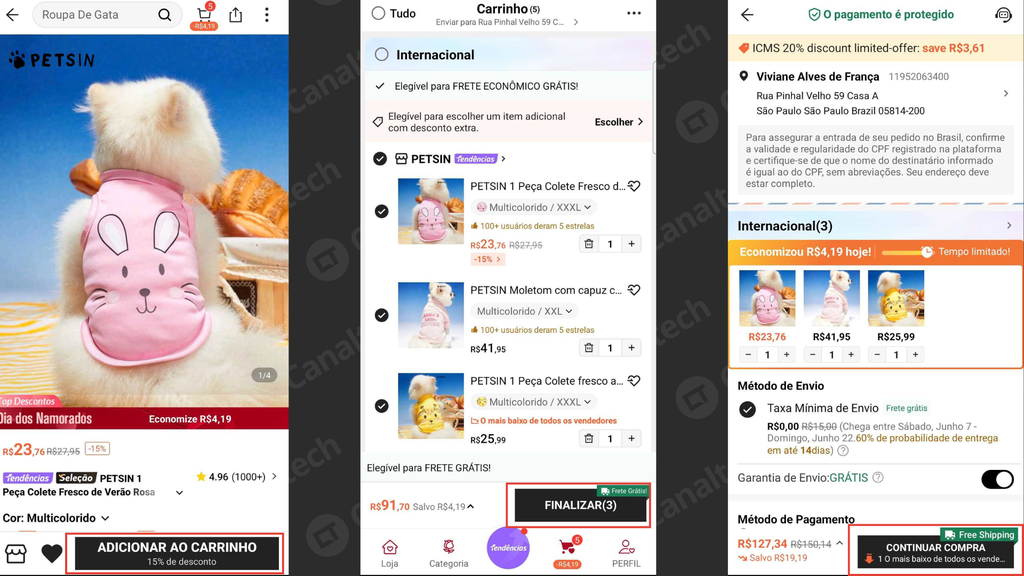 Captura de tela do passo a passo para comprar na Shein pelo celular