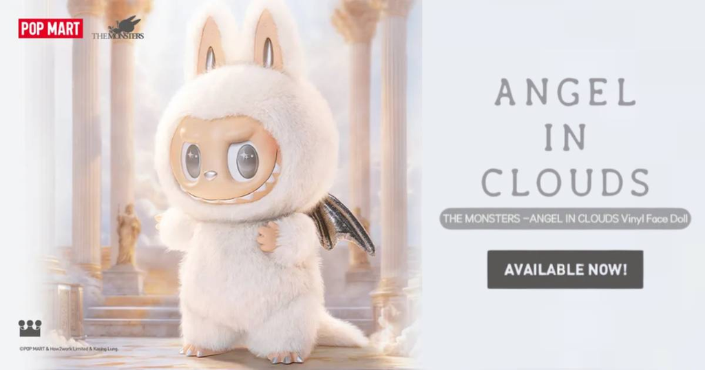 Zimomo, na edição Angel in Clouds, aparece com asas e pelos brancos (Imagem: Pop Mart/Divulgação)