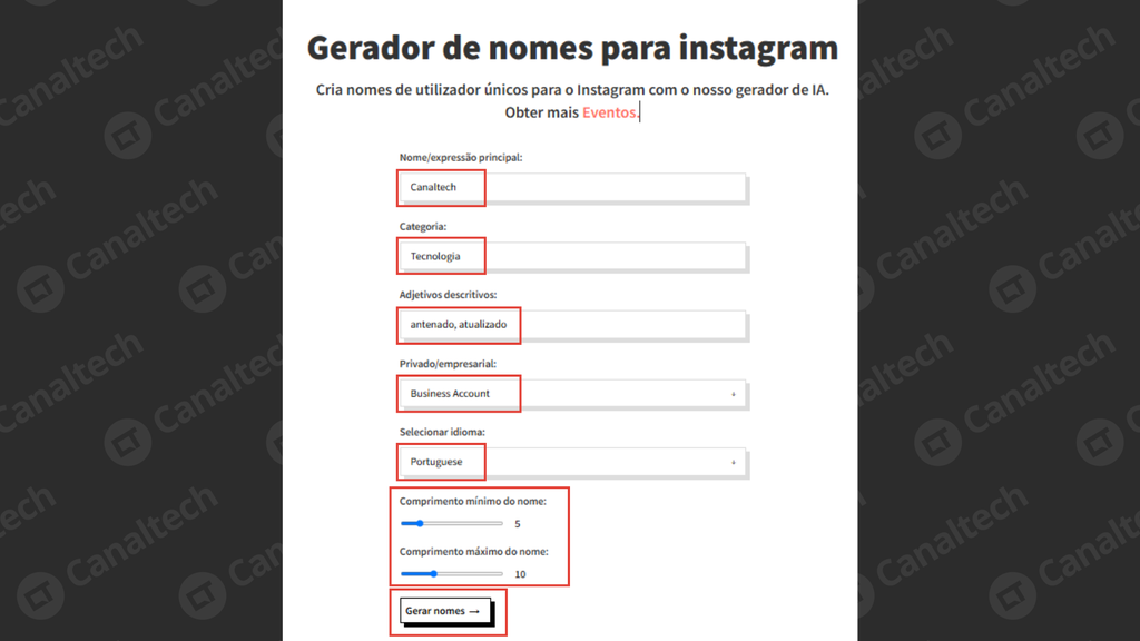 Captura de tela do gerador de user do Instagram do Smartminded