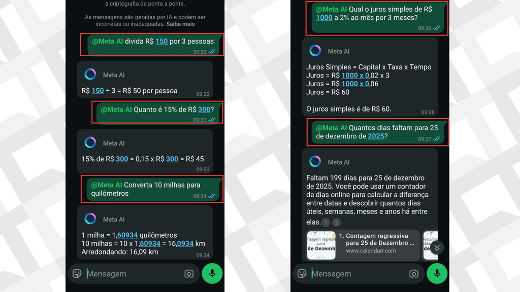 Captura com cálculos realizados pelo Meta AI no WhatsApp