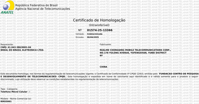 certificado de homologação Realme GT 7