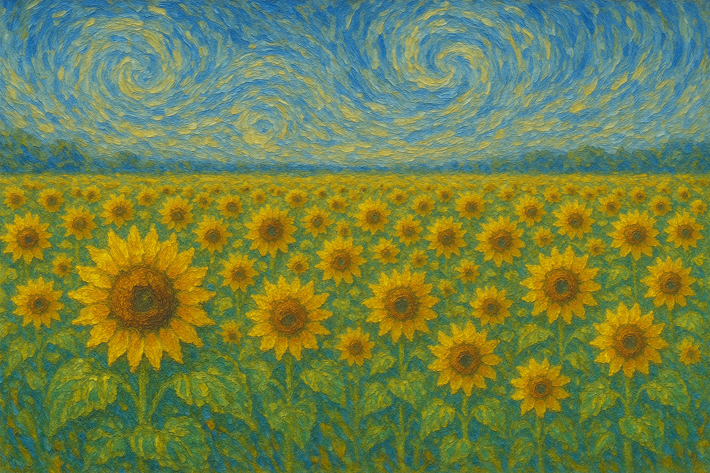 Imagem gerada por ChatGPT com campos de girassóis e pinceladas demarcadas