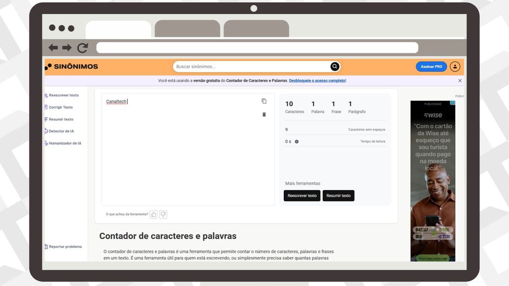 Captura de tela site sinonimos na função contar caracteres