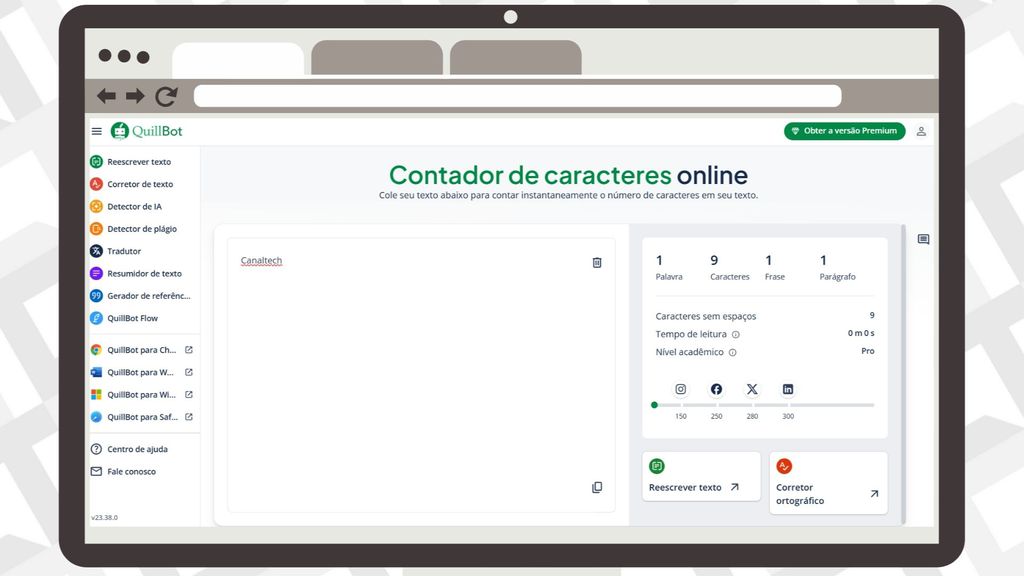 Site quillbot na função contador de caracteres