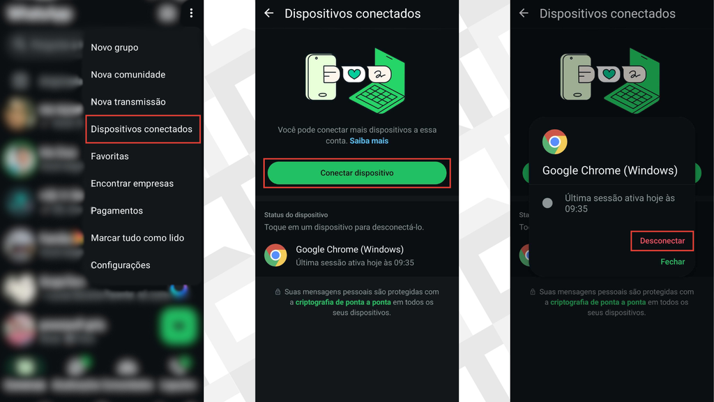 Captura com os passos para desconectar dispositivos no WhatsApp