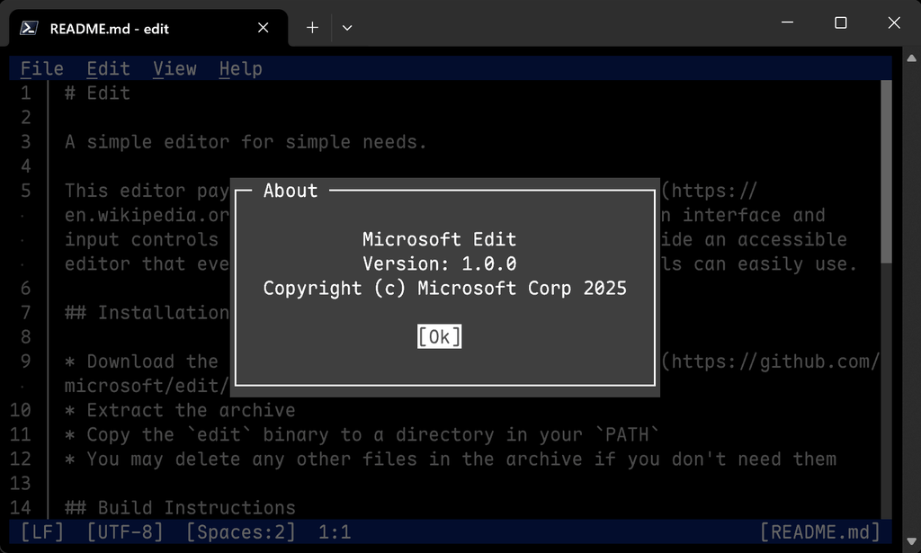 Tela com explicações de uso do Edit no programa Edit na Microsoft