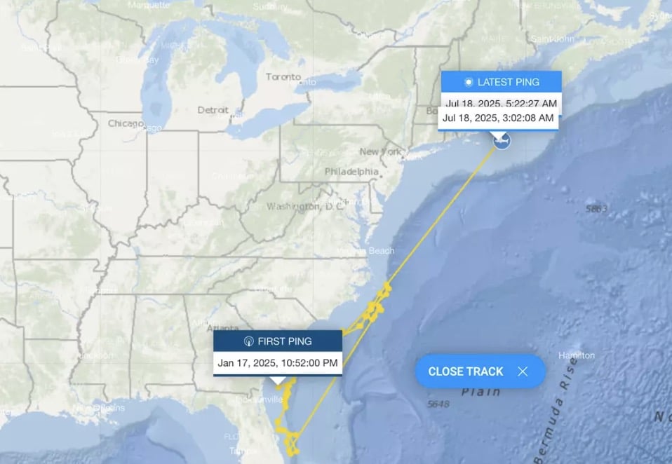 Cientistas emitem alerta preocupante enquanto o maior tubarão-branco já registrado no Atlântico se dirige a um destino turístico O rastreamento mostra os movimentos de Contender desde janeiro (OCEARCH)