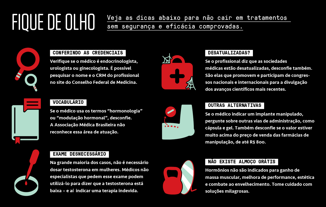 Tabela, em fundo preto, com dicas para não cair em tratamentos hormonais sem segurança e eficiência comprovada.