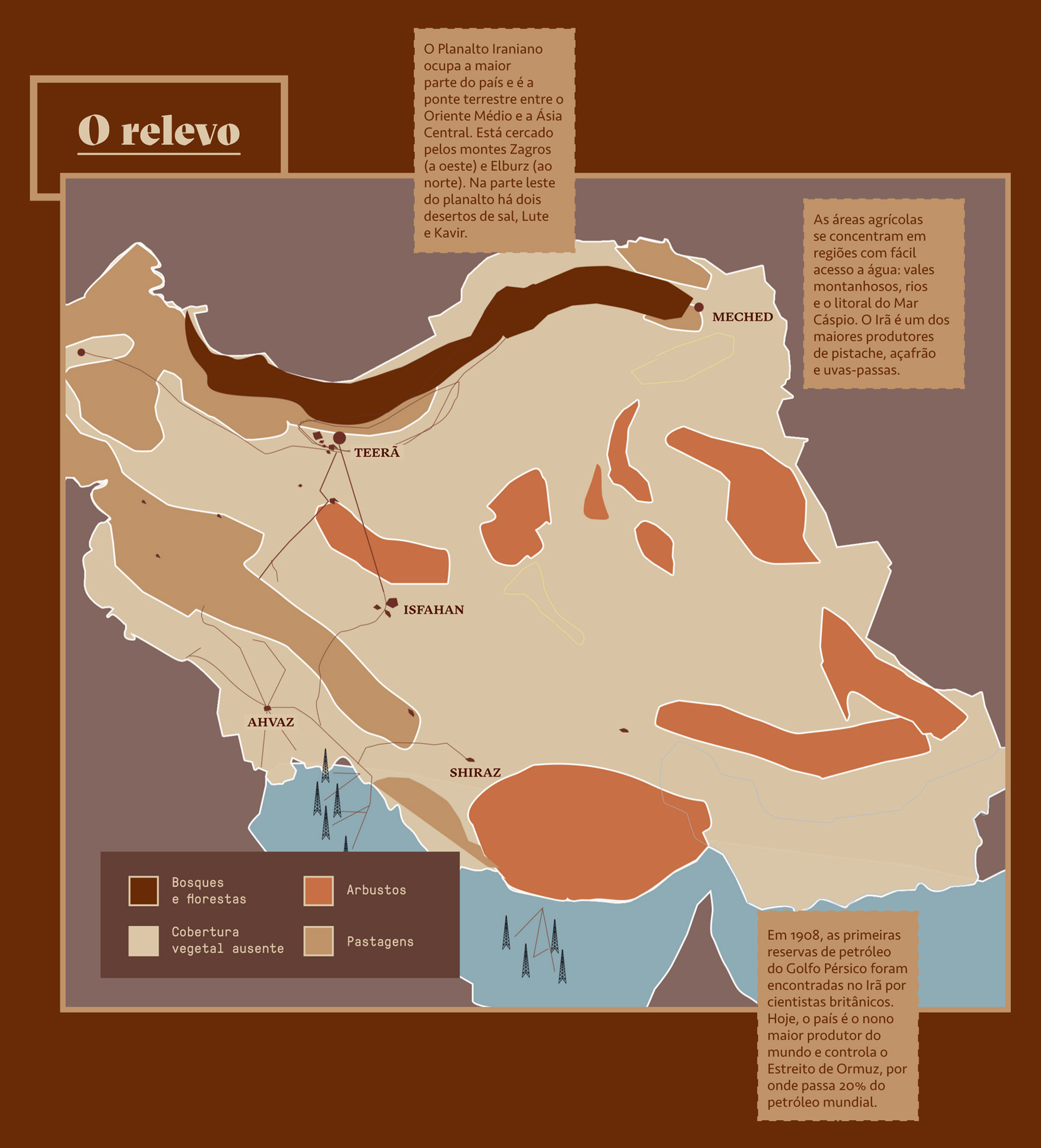 Mapa, em fundo marrom, com informações do relevo do Irã.