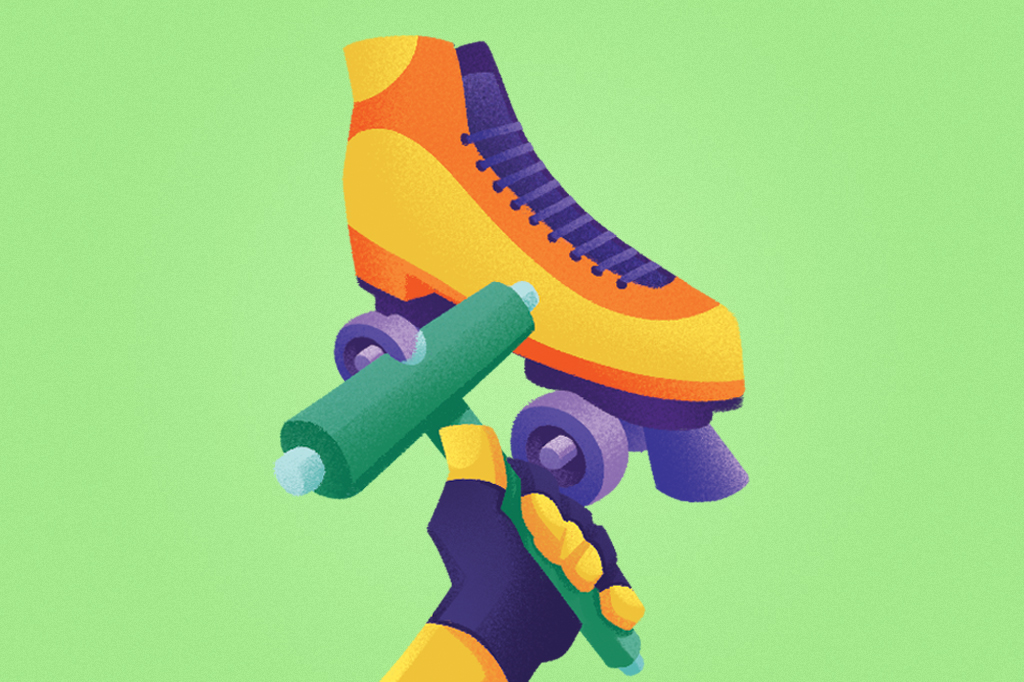 Ilustração, em fundo verde, de uma mão segurando uma ferramenta verde regulando um patim.
