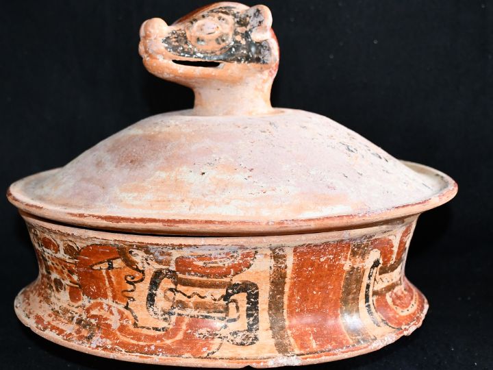 Tigela de cerâmica maia com uma cabeça de quati como alça para a tampa. A tigela contém uma cena mostrando dois prisioneiros amarrados. A tampa do quati está erodida na frente, mas contém um retrato do deus maia do comércio, Ek Chuah, na parte traseira.