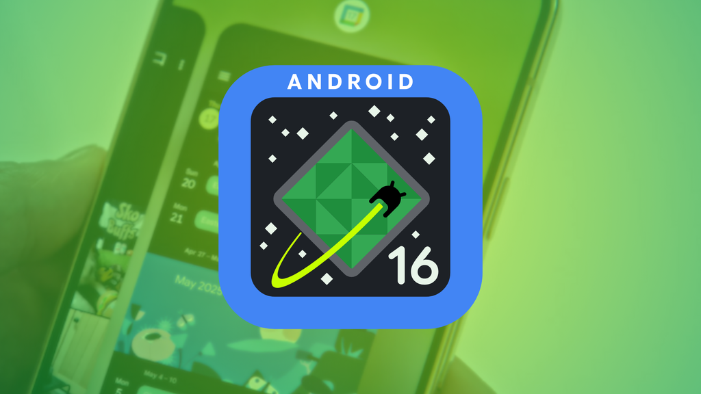 Logo do Android 16 sobreposto a um celular com um fundo verde