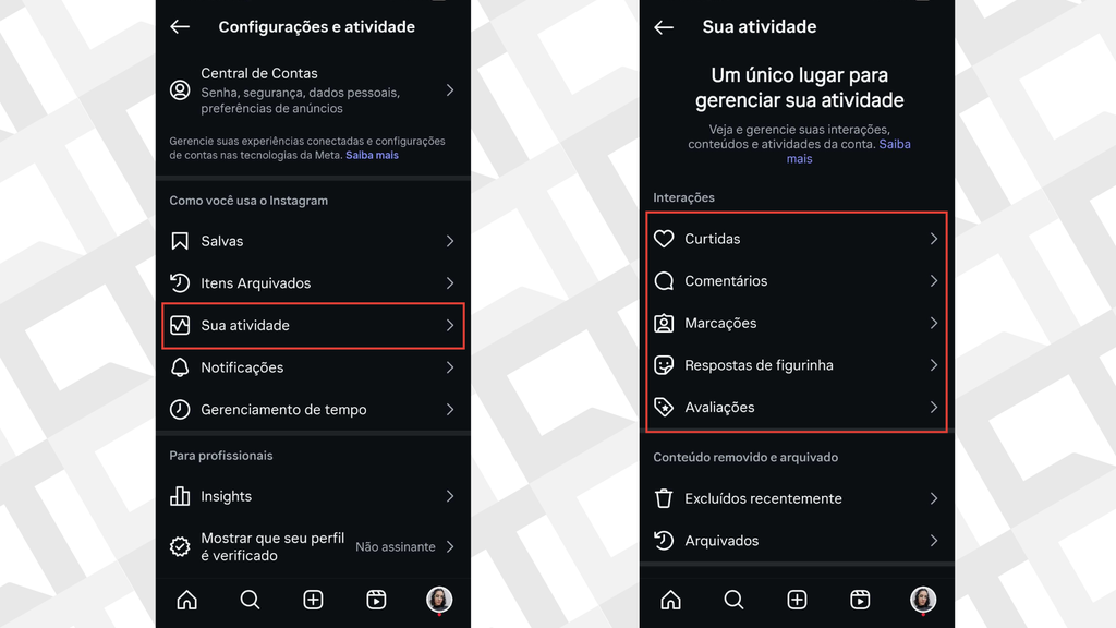 Captura dos passos para ver o histórico de atividades no Instagram