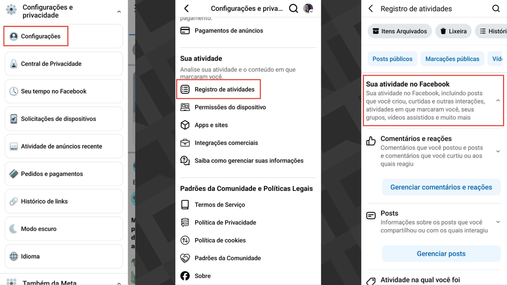 Captura dos passos para ver o histórico de atividades no Facebook