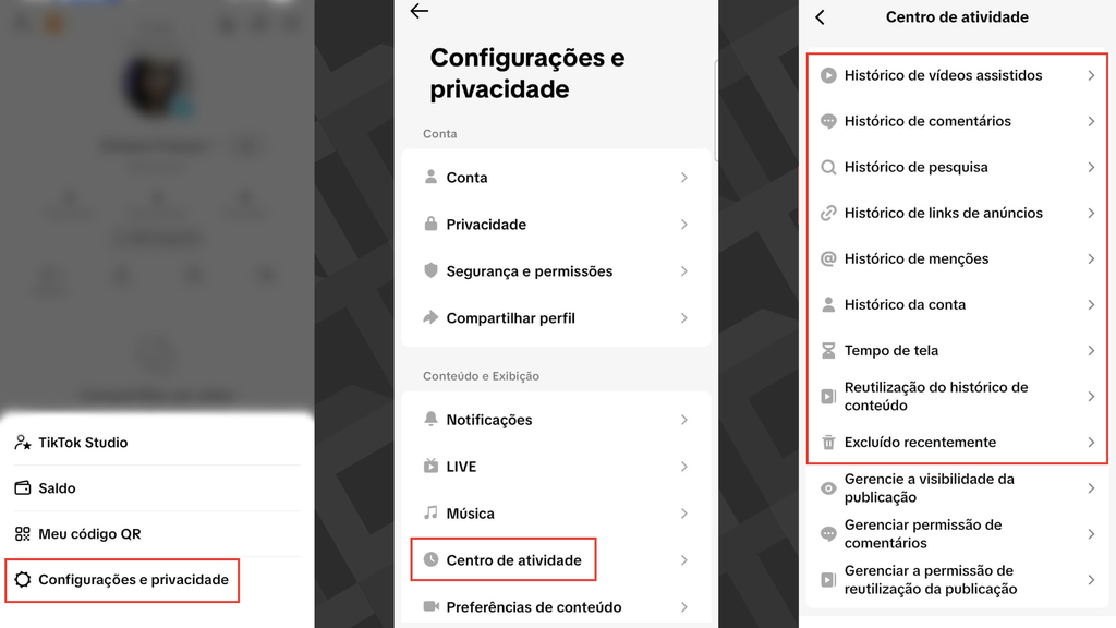 Captura dos passos para ver o histórico de atividades no TikTok