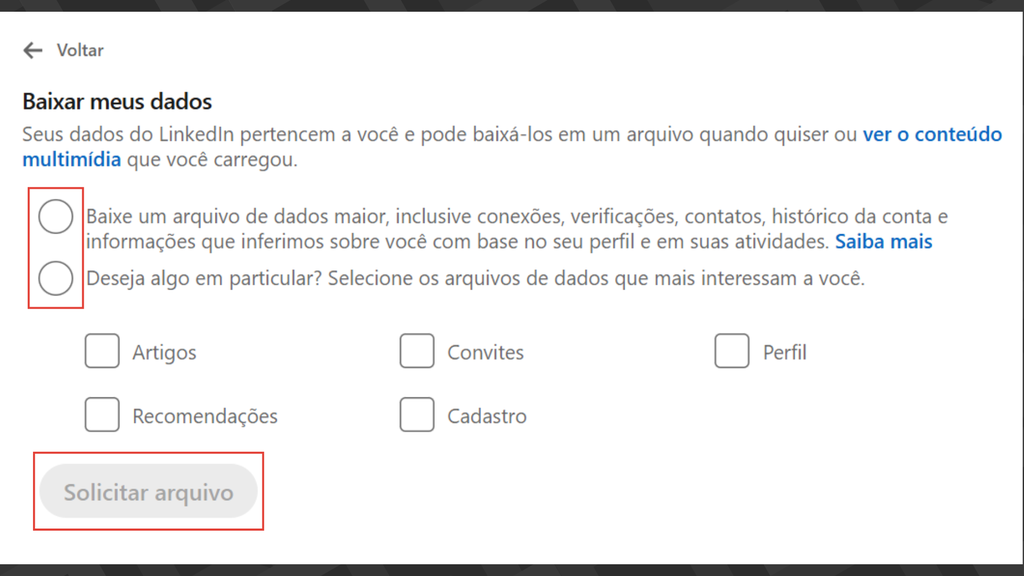 Captura dos passos para ver o histórico de atividades no LinkedIn