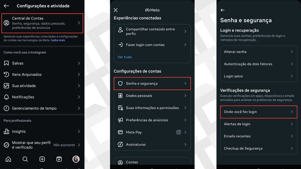 Captura com histórico de logins do Instagram e Facebook