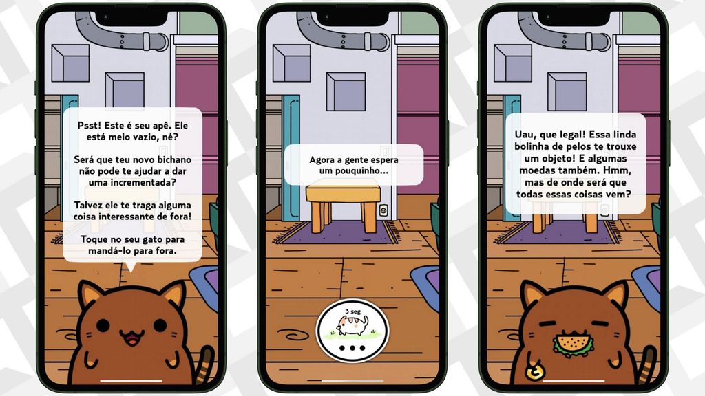 Jogo mobile Kleptocats onde gatos coletam objetos e desbloqueiam personagens. Captura de tela