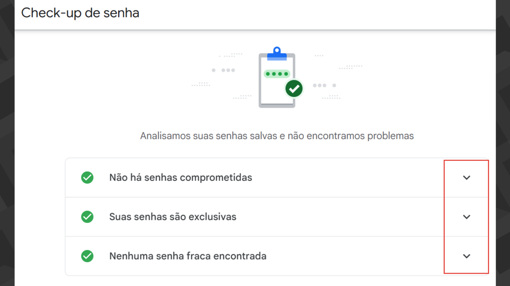 Captura de tela do checkup de senhas do Google