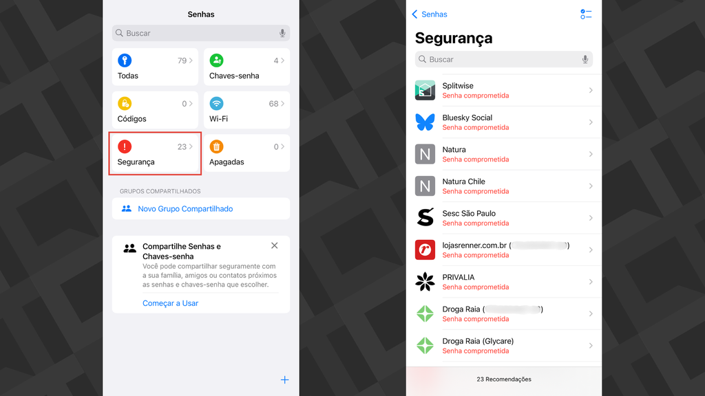 Captura de como verificar as senhas vazadas no iPhone