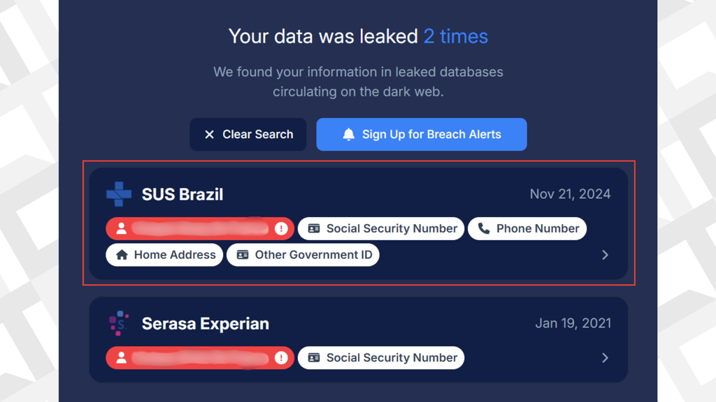 Captura da análise realizada pelo site DataBreach
