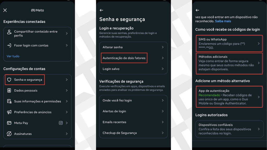 Passos para ativar a autenticação de dois fatores nos apps da Meta