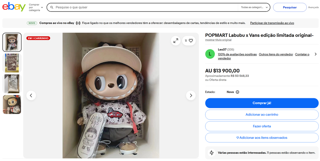 Essa edição da Labubu em parceria com a Vans valorizou por não ser mais vendida ou produzida (Imagem: eBay/Pop Mart)