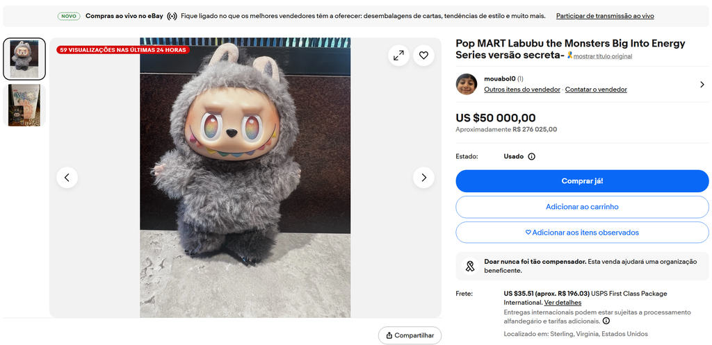 Essa Labubu Big Into Energy foi avaliada como original, valorizando bastante seu preço mesmo sem ser uma edição limitada (Imagem: eBay/Pop Mart)
