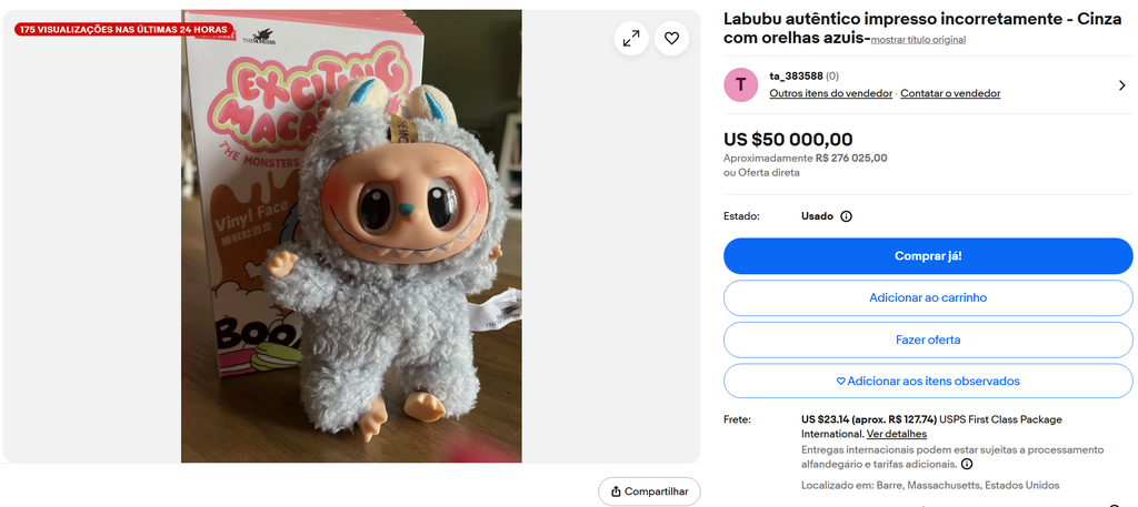 Essa Labubu foi supostamente impressa incorretamente, com boca,nariz e orelhas saindo fora de lugar e com cores indevidas — isso valorizou o produto (Imagem: eBay/Pop Mart)