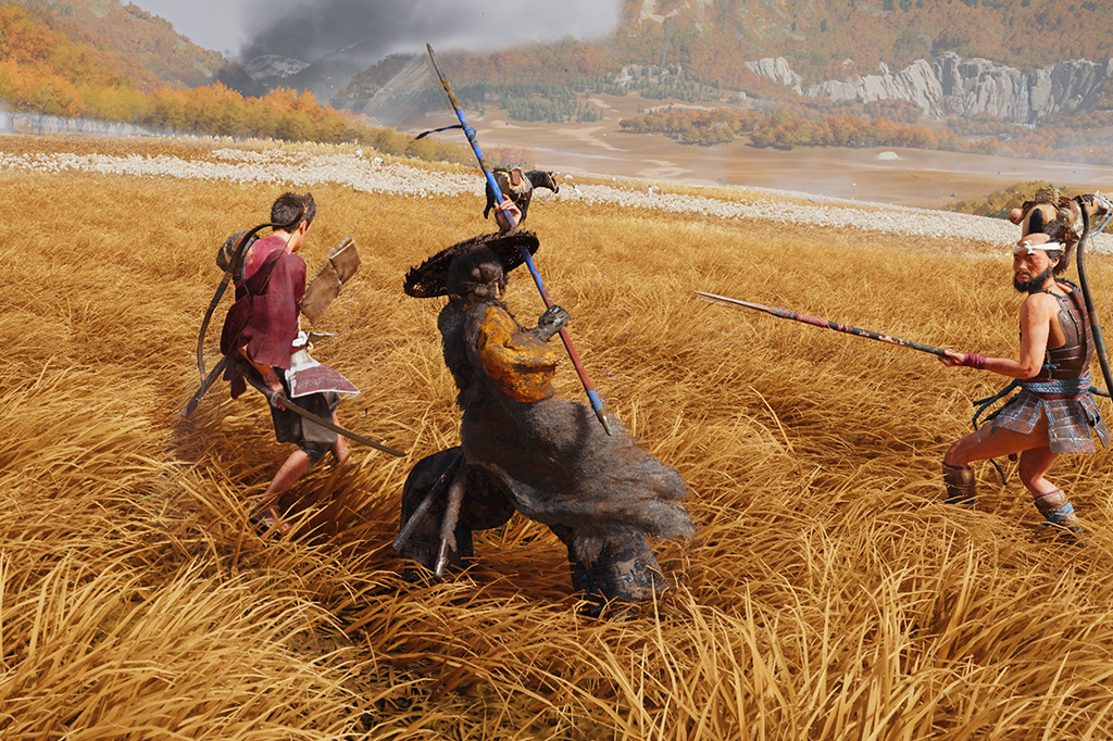 Captura de tela do jogo Ghost-of-Yotei. Três personagens segurando armas.