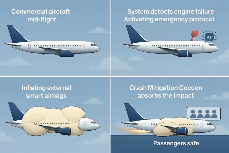 Equipe apresenta protótipo bizarro de IA para avião "à prova de quedas" após desastre da Air India A teoria deles se baseia na IA detectar falhas (James Dyson Award)