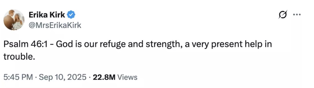 A postagem assombrosa da esposa de Charlie Kirk horas antes de o marido ser assassinado Erika Lane Frantzve compartilhou sua postagem apenas algumas horas antes da morte do marido (X/@MrsErikaKirk)