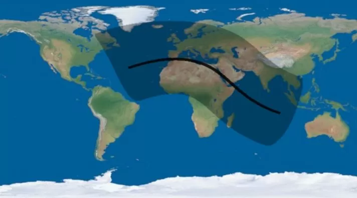 Se aproxima o eclipse solar mais longo do século XXI: mais de seis minutos de escuridão em pleno dia Na linha preta será possível ver o eclipse total, enquanto na faixa sombreada ele será visível parcialmente