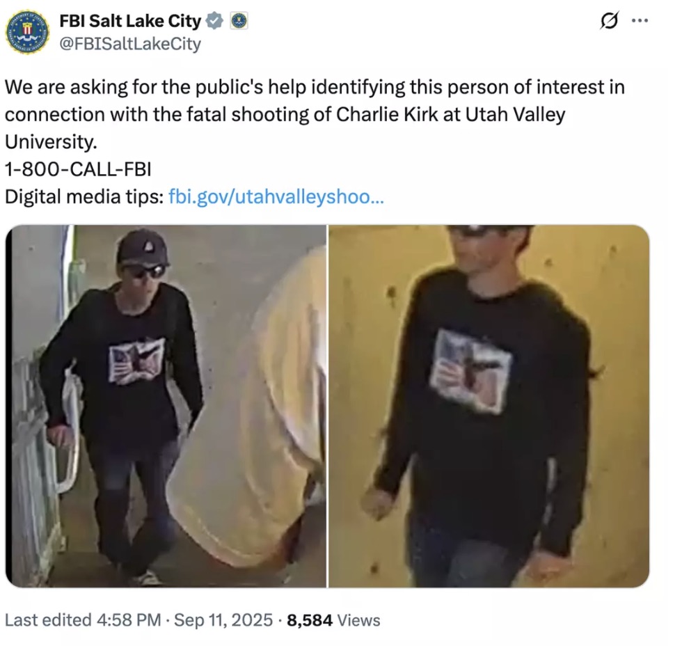 O FBI divulga foto de "pessoa de interesse" procurada em conexão com o assassinato de Charlie Kirk O FBI divulgou imagens de uma pessoa de interesse (X/@FBISaltLakeCity)