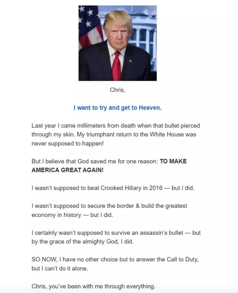 Donald Trump pede a apoiadores que doem $ 15 para "levá-lo ao céu" O e-mail foi até confirmado pelo Snopes, referência na internet quando se trata de verificação de fatos (e-mails políticos)
