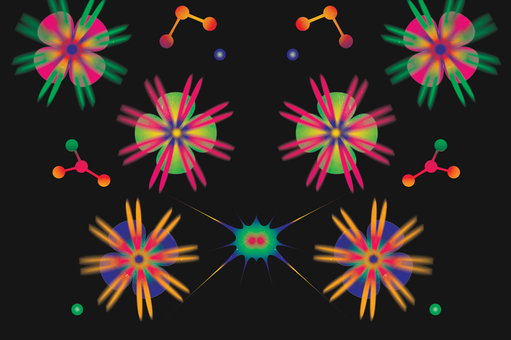 Imagem conceitual, em fundo preto, em fundo preto, com estruturas moleculares espelhadas, multicoloridas em formato de flor.