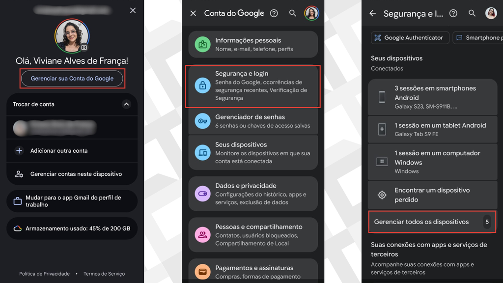 Passos para gerenciar todos os dispositivos no Gmail