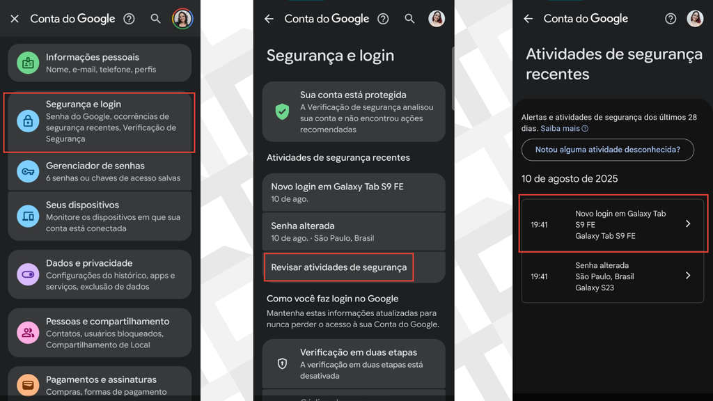 Passos para verificar últimos acessos na conta Google