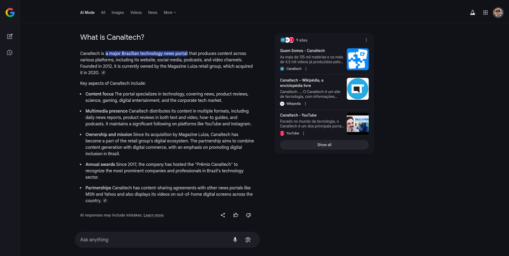 Modo IA do Google mostra respostas geradas por inteligência artificial (Imagem: Captura de tela/Bruno De Blasi/Canaltech)