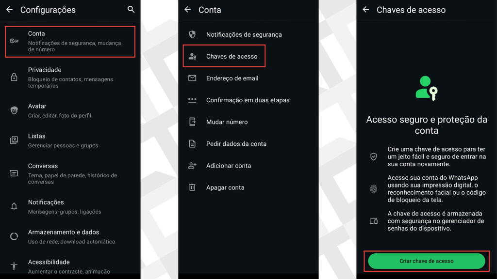 Passos para criar chave de acesso no WhatsApp