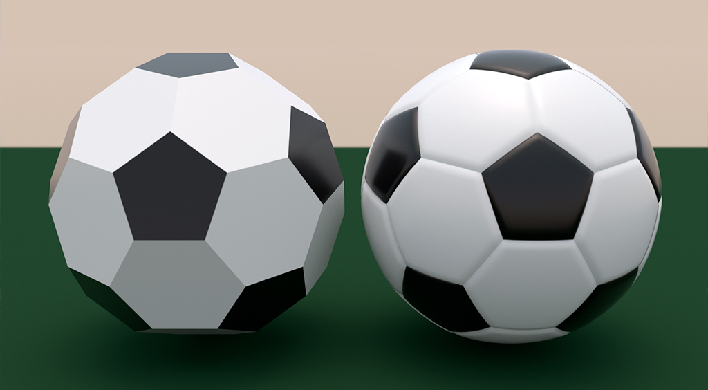 Imagem de uma bola de futebol com padrão Telstar (à direita) com um icosaedro truncado regular (à esquerda)