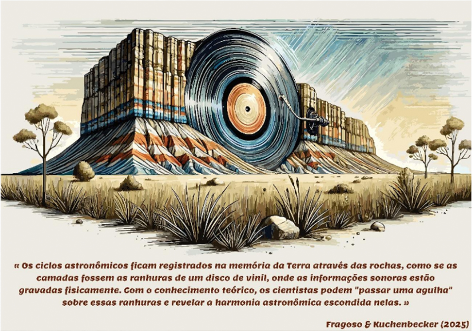 Ilustração de uma analogia para entender como os ciclos astronômicos ficam registrados nas rochas é o disco de vinil, cujas ranhuras armazenam fisicamente diversas informações sonoras. De forma semelhante, as camadas sedimentares arquivam, durante sua deposição, a evolução climática modulada por ciclos orbitais da Terra. Nesse contexto, a cicloestratigrafia busca reconhecer essas marcas naturais para reconstruir a história do planeta.