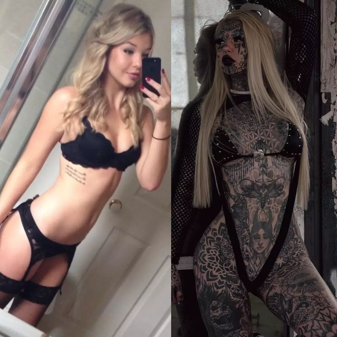 Mulher que gastou $ 250.000 em tatuagens e modificações corporais mostra como era antes Comparação lado a lado de Amber antes e depois das tatuagens (Instagram/@amberluke666)