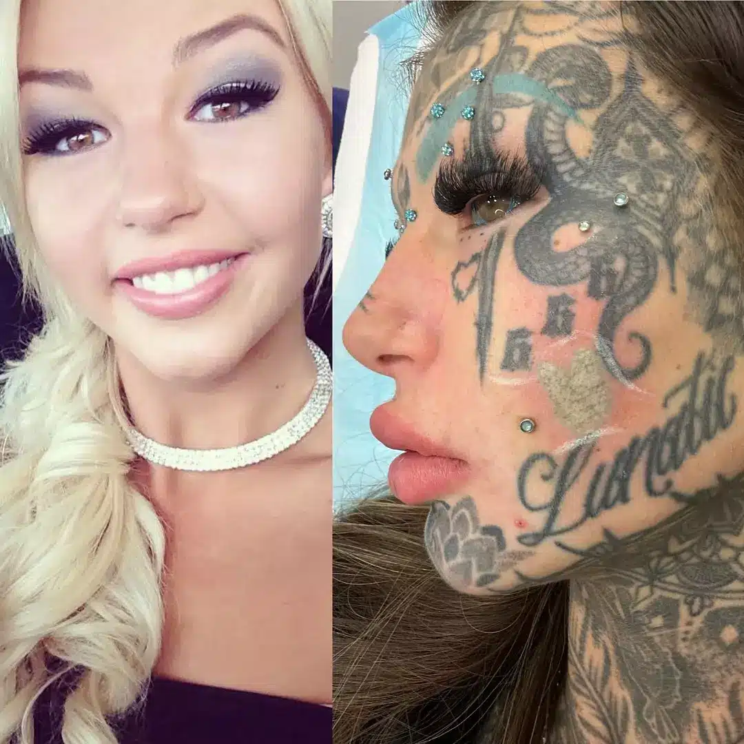 Mulher que gastou $ 250.000 em tatuagens e modificações corporais mostra como era antes Comparação lado a lado de Amber com e sem tatuagens (Instagram/@amberluke666)