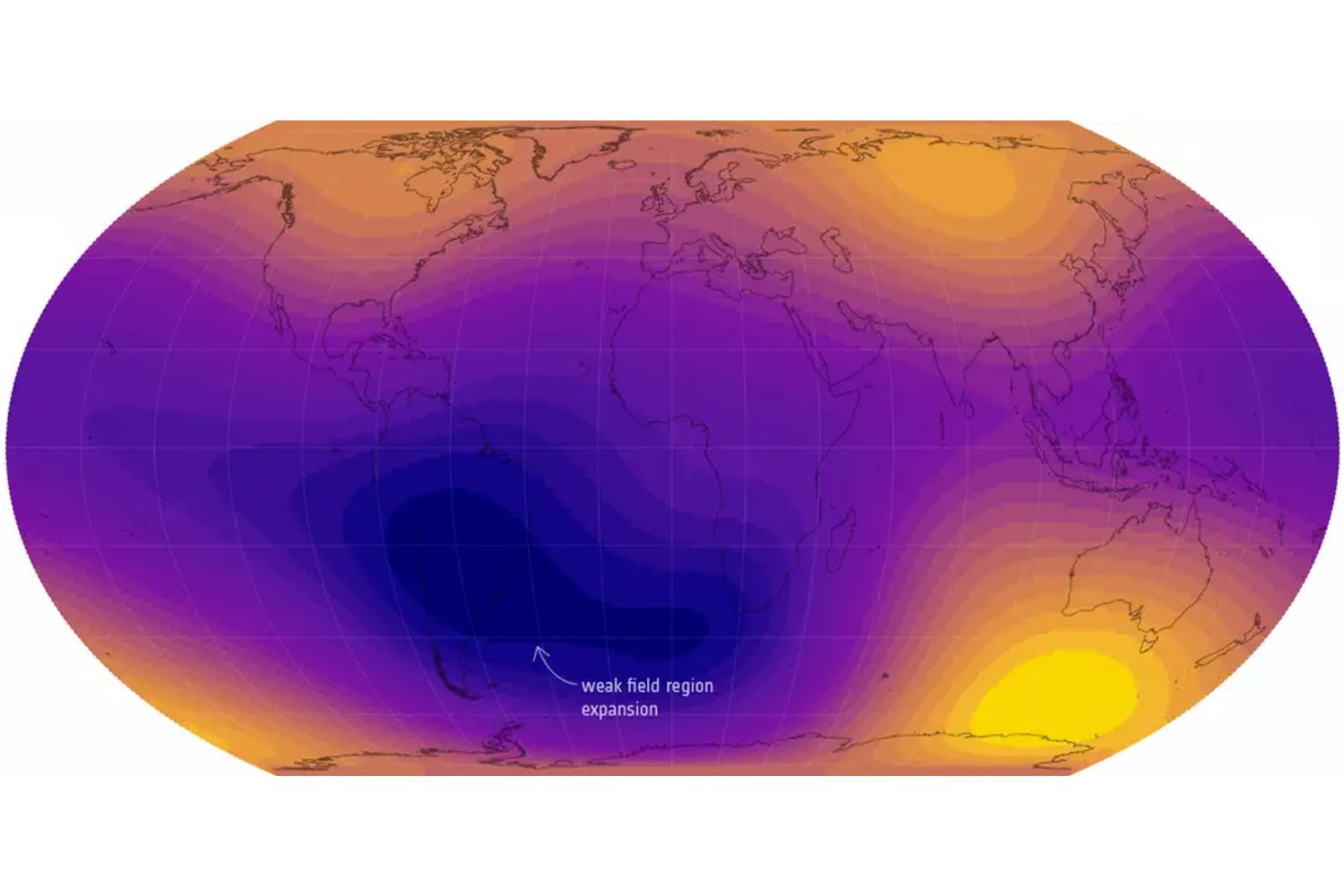 O escudo invisível da Terra está mudando completamente. Há uma enorme anomalia crescendo silenciosamente sob o Brasil © ESA